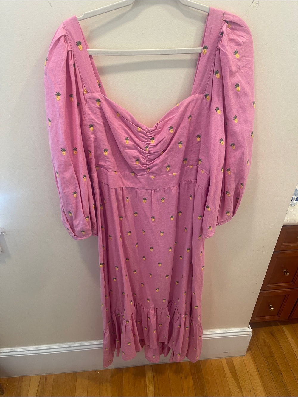 FARM Rio Pink Ruched Sweetheart Maxi with Pineapple Motif